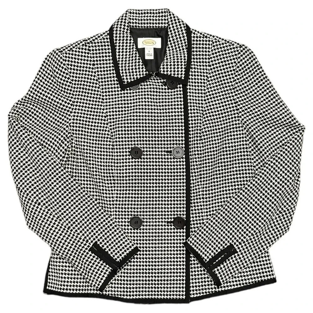 Talbots Silk Wool Blend Black White Houndstooth Jacket Blazer Twee Mod Preppy
